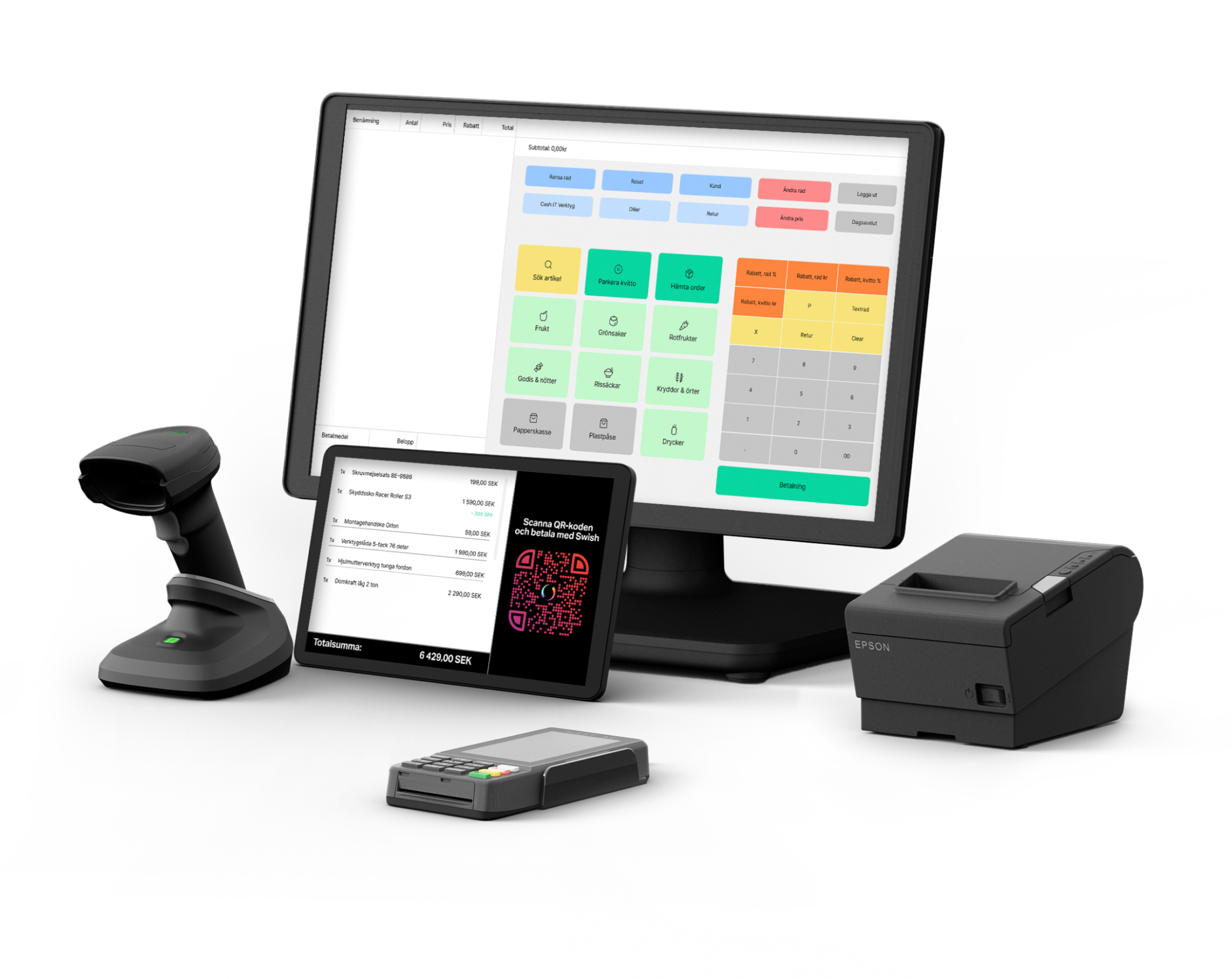 Svart kasseapparat med dataskjerm, kortterminal, kundedisplay, strekkodeskanner og kvitteringsskriver på et bord