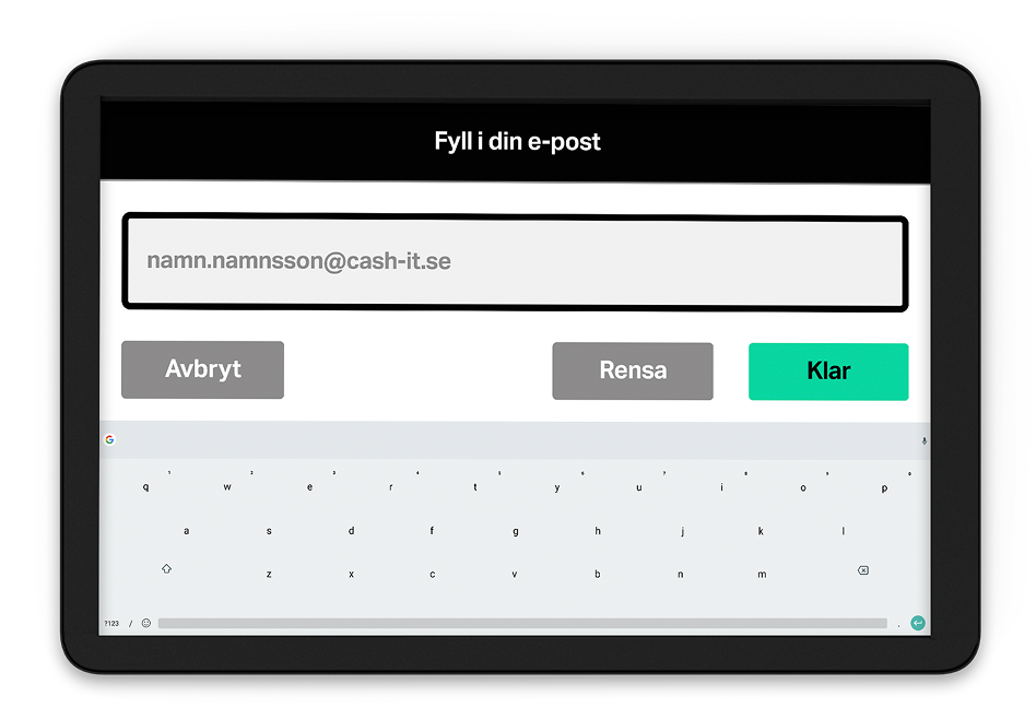 Närbild på svart kunddisplay i liggande format för kvittohantering, med formulär för e-postadress och knapparna avbryt, rensa i grått och knappen klar i turkosgrönt