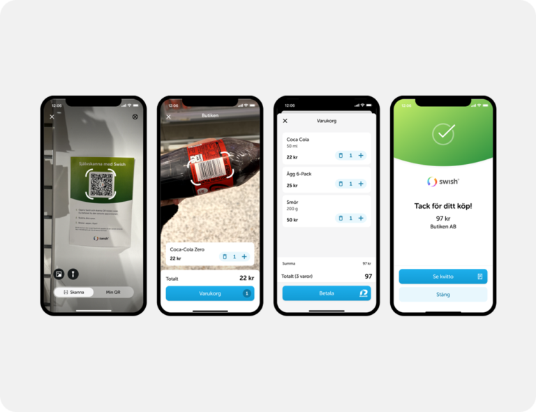 Fyra mobilskärmar med bilder som visar steg för steg självscanning med swish, från QR-kod och varor i kundvagn till betalning och grönt kvitto