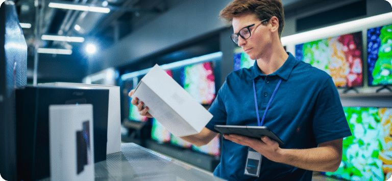 Butikkmedarbeider i elektronikkbutikk som bruker nettbrett for å kontrollere og sammenligne produktinformasjon.