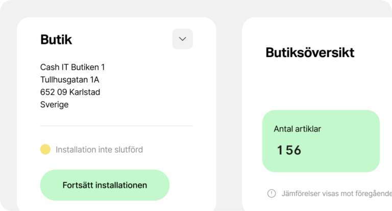 Utsnitt från kundportalen med butik, installationsstatus och butiksöversikt.