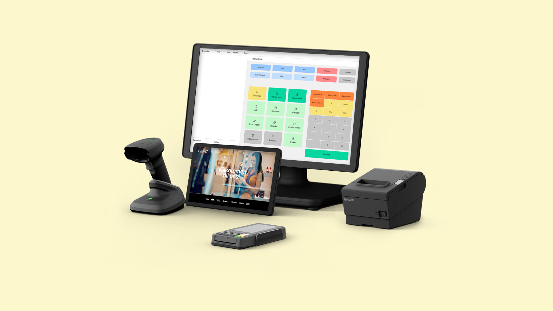 Kassasystem för detaljhandel med kassa, kunddisplay, kortterminal, scanner och kvittoskrivare.