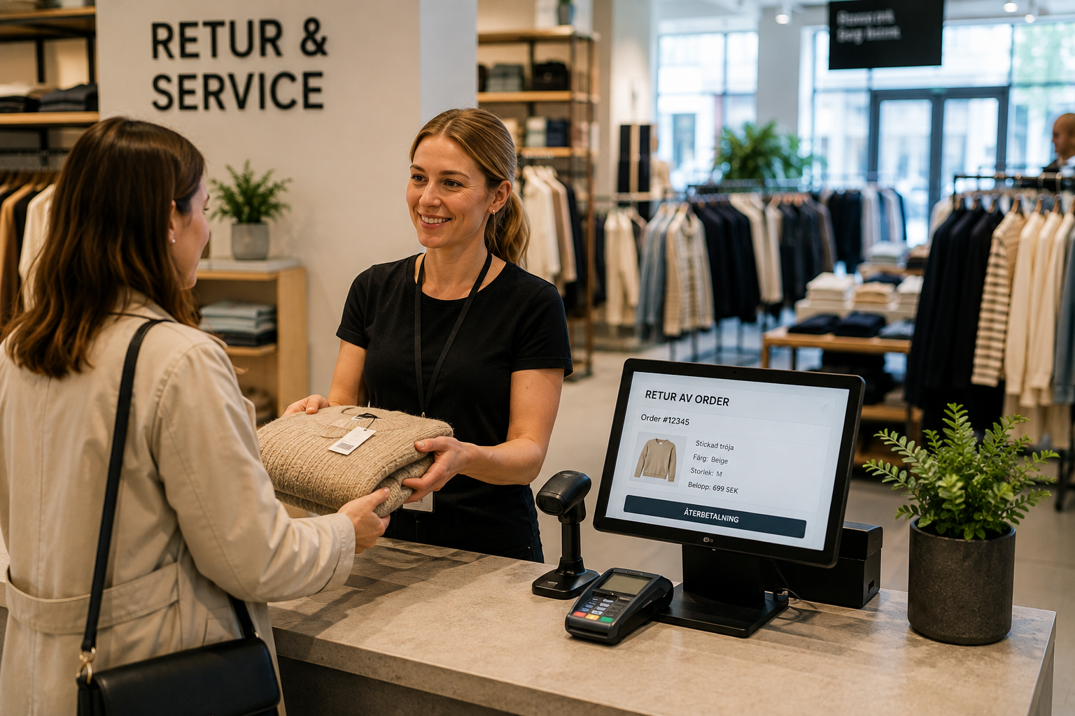 Kunde returnerer webborder i butikk med hjelp av kassesystem.